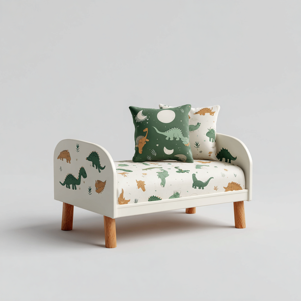 Kinderbett - Holz und MDF - 140x70x65 cm - Weiß-Holz-Dinosauriermuster - Verspieltes Design-Sofagetly