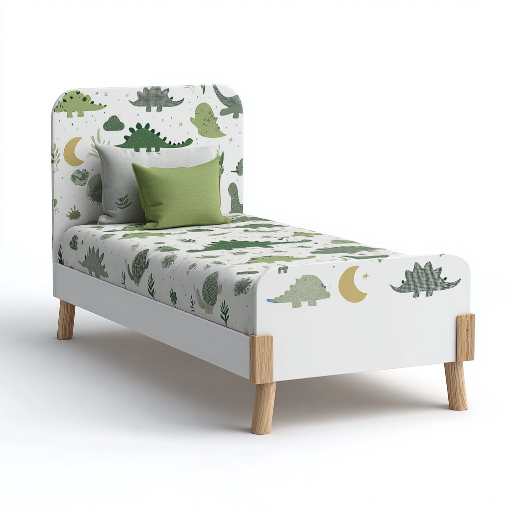 Kinderbett Holz 190x90x80 cm Weiß-Grün - Dinosaurier Design-Sofagetly