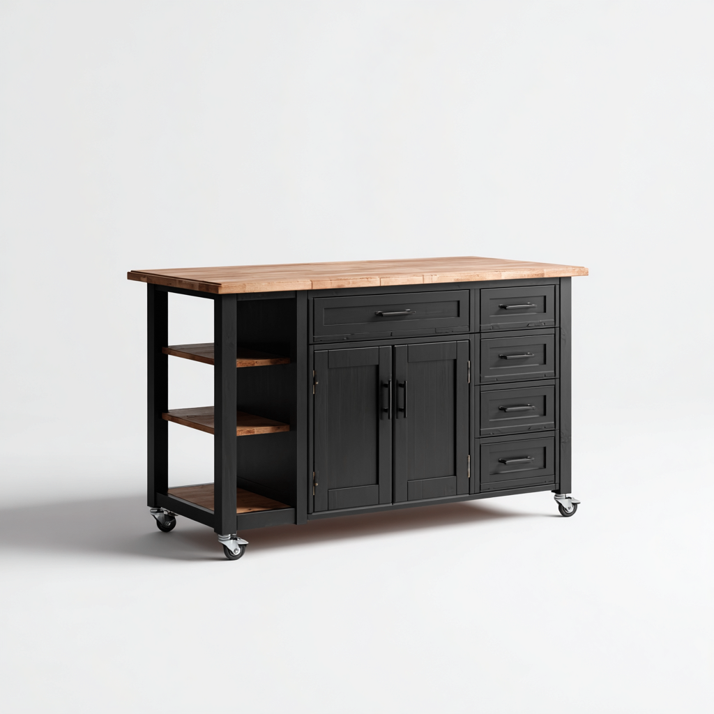 Kücheninsel - Holz und Metall - 140x60x90 cm - schwarz-natur - modernes Design-Sofagetly