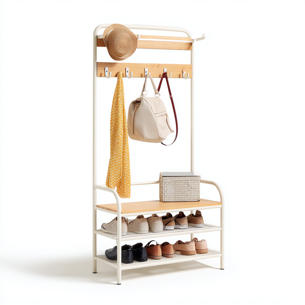 Garderobenständer Metall Holz 80x35x170 cm - creme-holz - modernes Design-Sofagetly