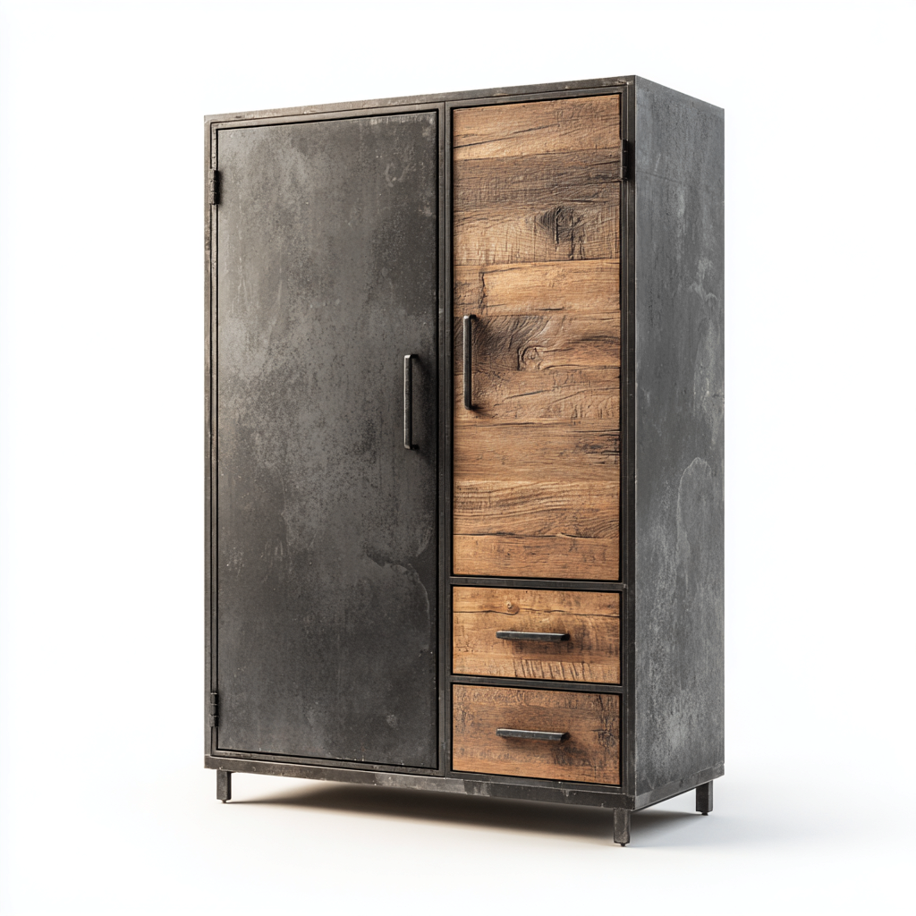 Kleiderschrank - Metall-Holzwerkstoff - 100x50x180 cm - Schwarz-Eiche - Industrial Design - Für Schlafzimmer-Sofagetly