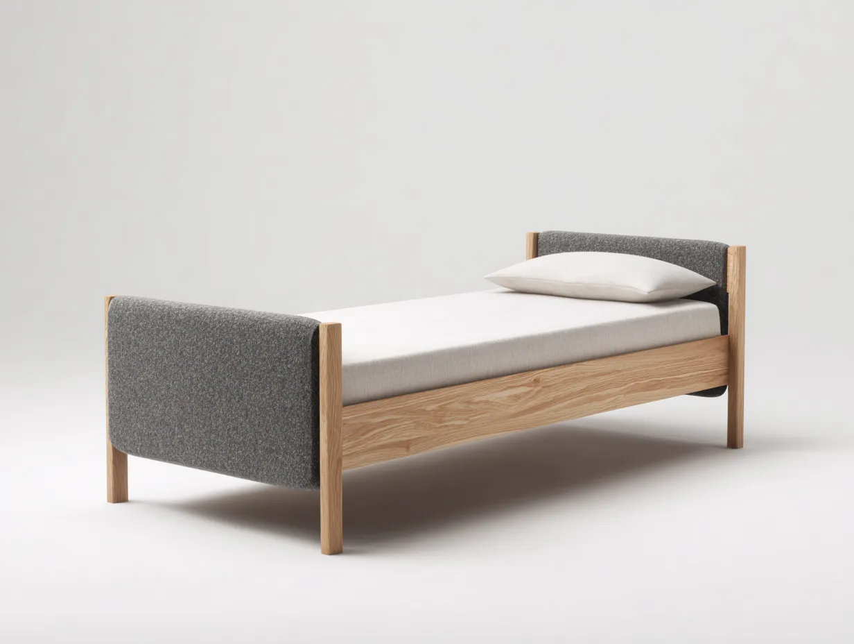 Lit simple en bois massif et tissu 200x90x95 cm - naturel-gris - design moderne-Homigoloft