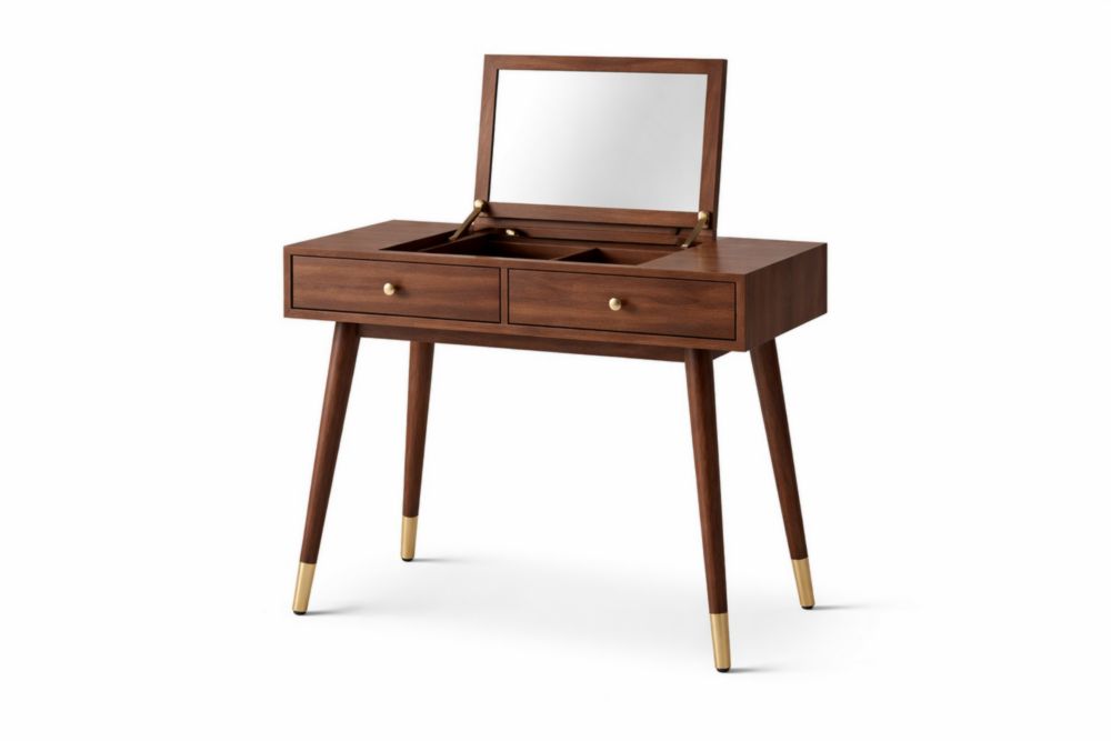Tavolo da trucco in legno di noce massello e acciaio con specchio