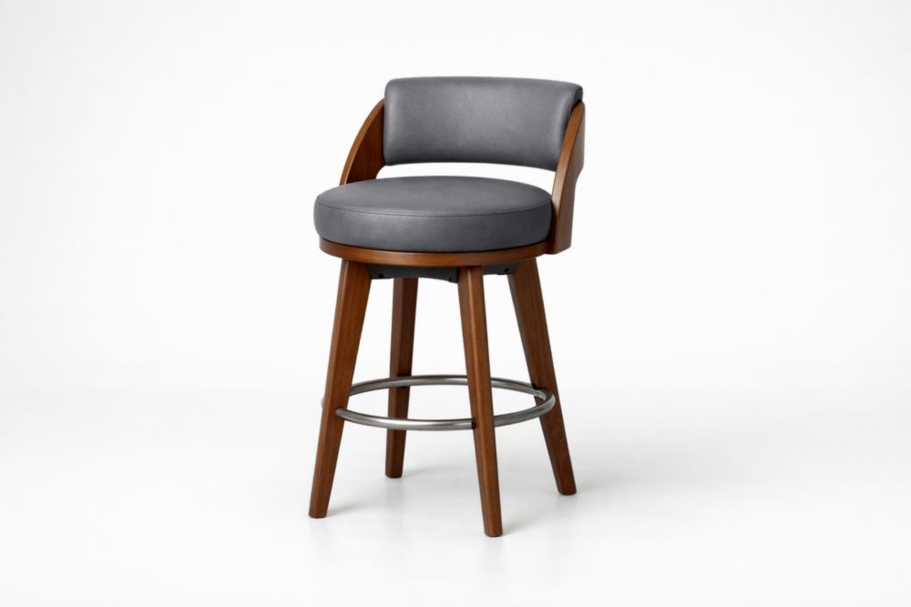 Sgabello girevole in legno massello e similpelle grigia con poggiapiedi
