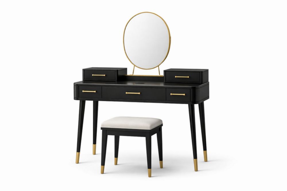 Tavolo da Toeletta in Legno MDF Nero con Specchio e Sgabello