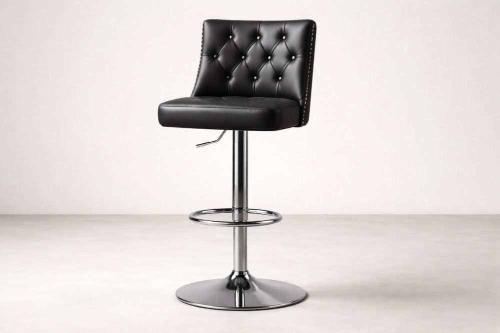 Sgabello girevole nero in pelle e acciaio cromato