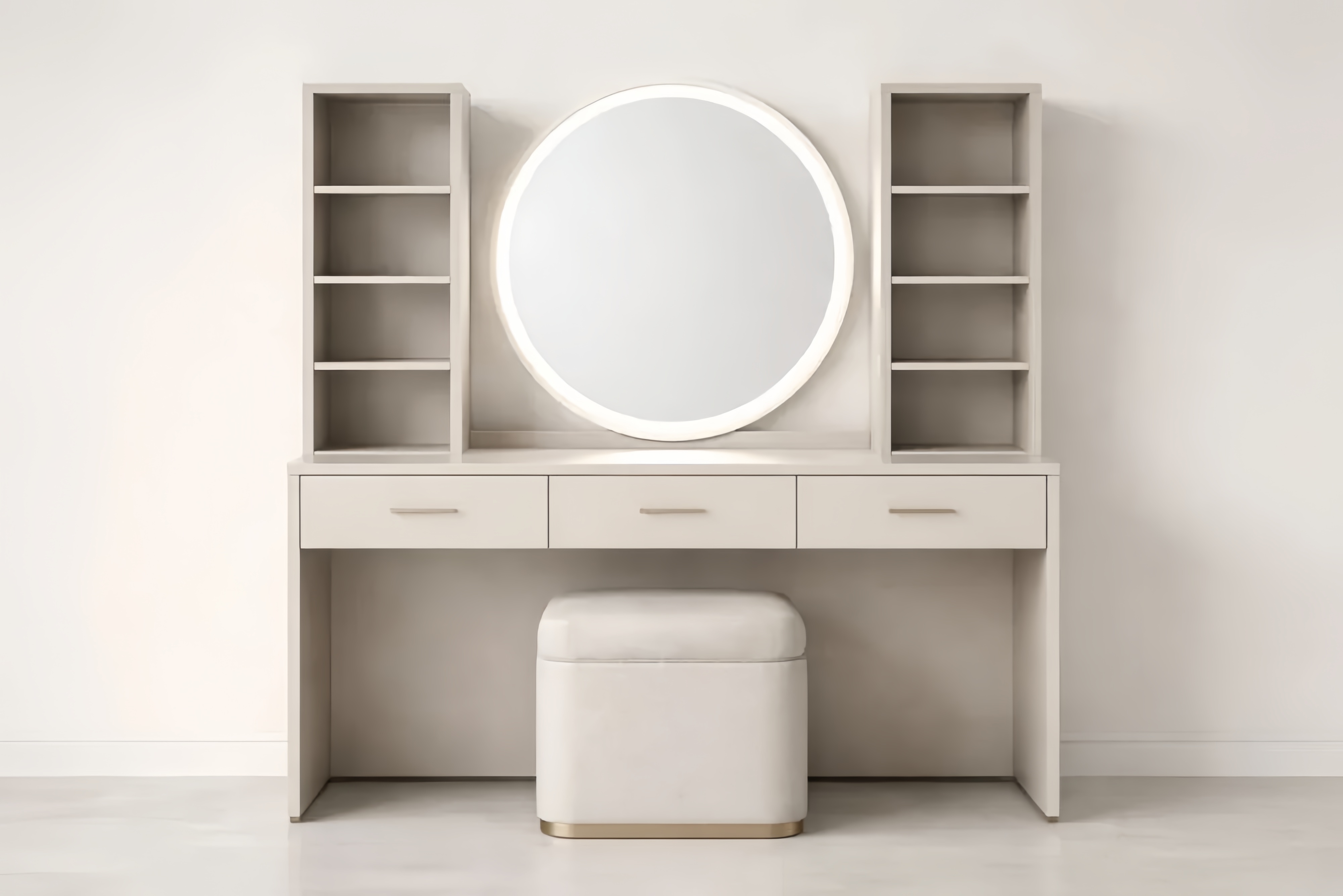 Toeletta in MDF con specchio tondo a LED e sgabello in tessuto di poliestere beige