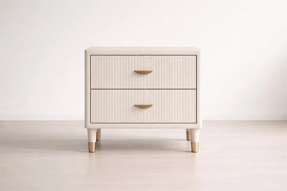 Comodino a Doppio Cassetto in Legno e Metallo Beige