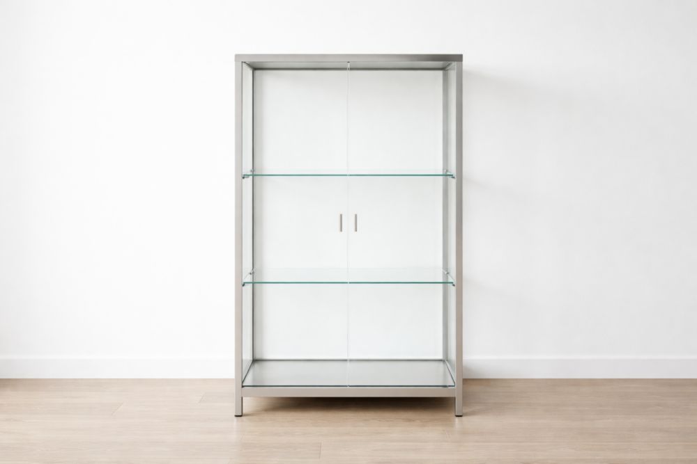 Mobili contenitori in acciaio inossidabile con ripiani in vetro