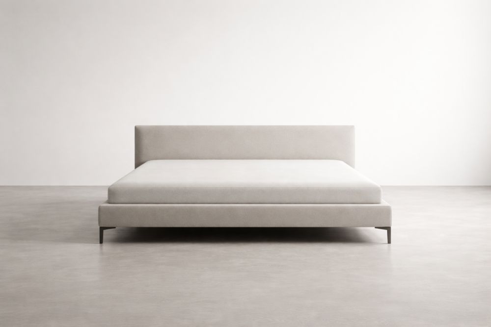 Letto matrimoniale in tessuto beige con testiera imbottita