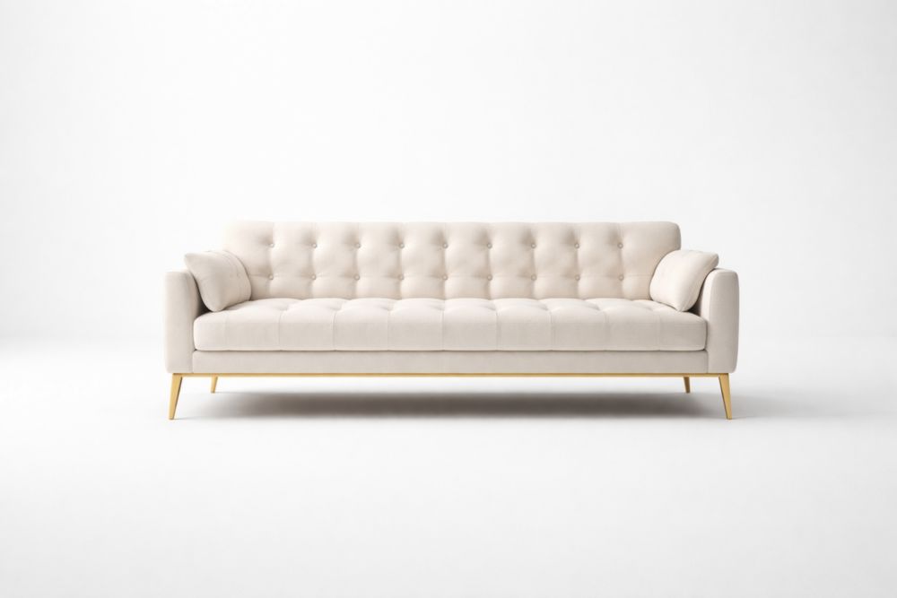 Divano a tre posti in tessuto con gambe in legno massello