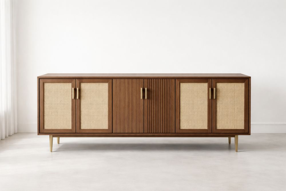 Credenza in Legno di Noce con Ante in Rattan e Gambe in Alluminio 180x45x80 cm