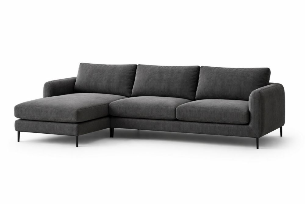 Divano angolare in tessuto poliestere grigio con chaise longue