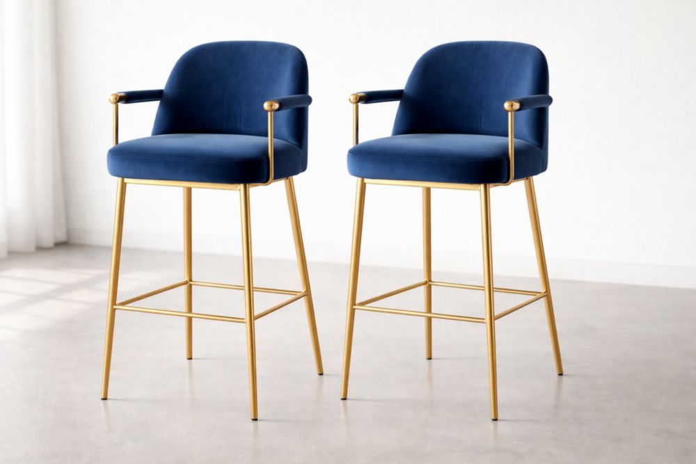 Set di 2 sgabelli in velluto blu con base in acciaio dorato