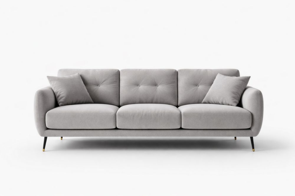 Divano a tre posti in tessuto grigio chiaro con gambe in alluminio
