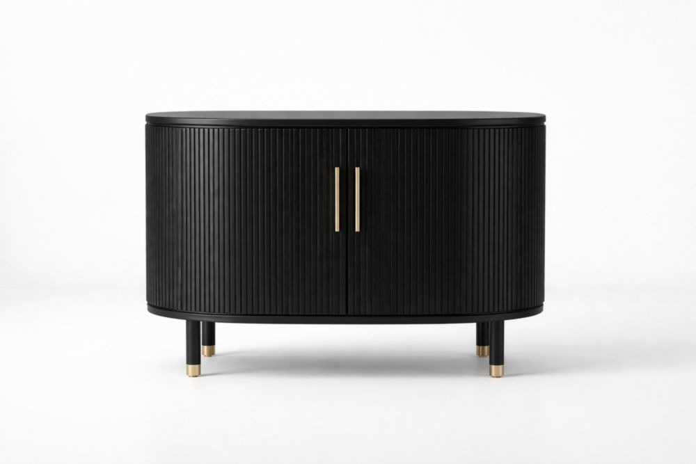 Credenza ovale in MDF nero con dettagli in alluminio