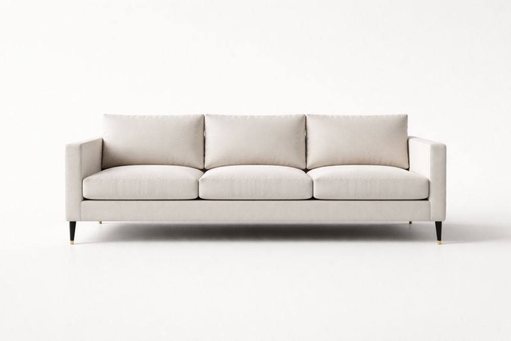 Divano a Tre Posti in Tessuto Crema con Gambe in Legno Massello