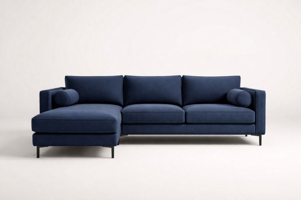 Divano angolare in tessuto blu con struttura alluminio