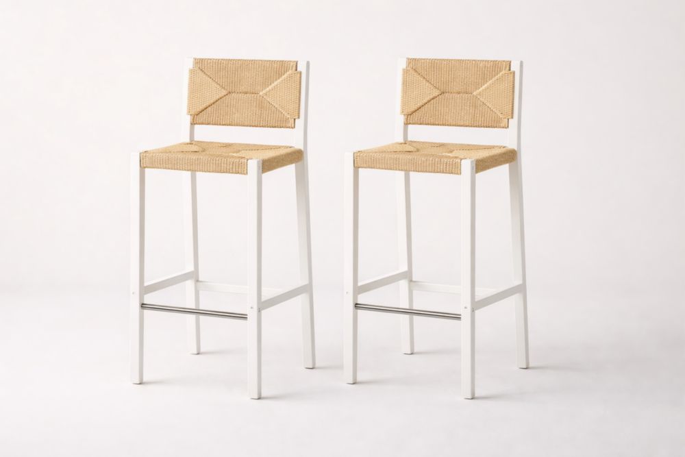 Set di 2 sgabelli alti bianchi con seduta in corda