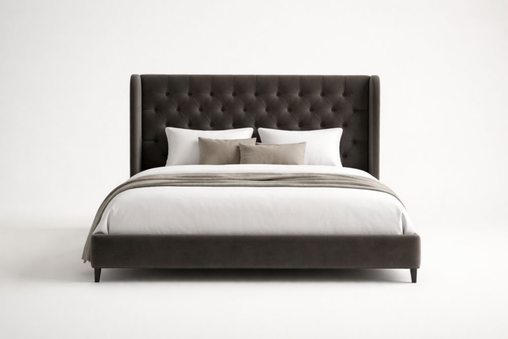 Letto matrimoniale imbottito con testiera in velluto marrone scuro
