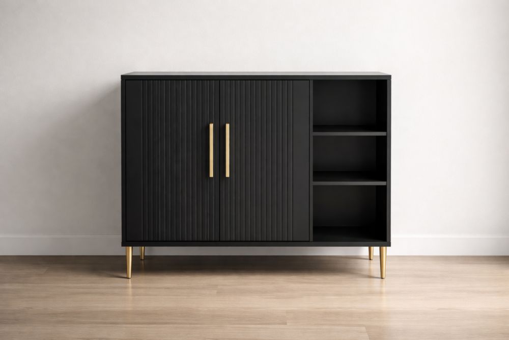 Credenza nera con ante e ripiani in MDF e maniglie in Alluminio