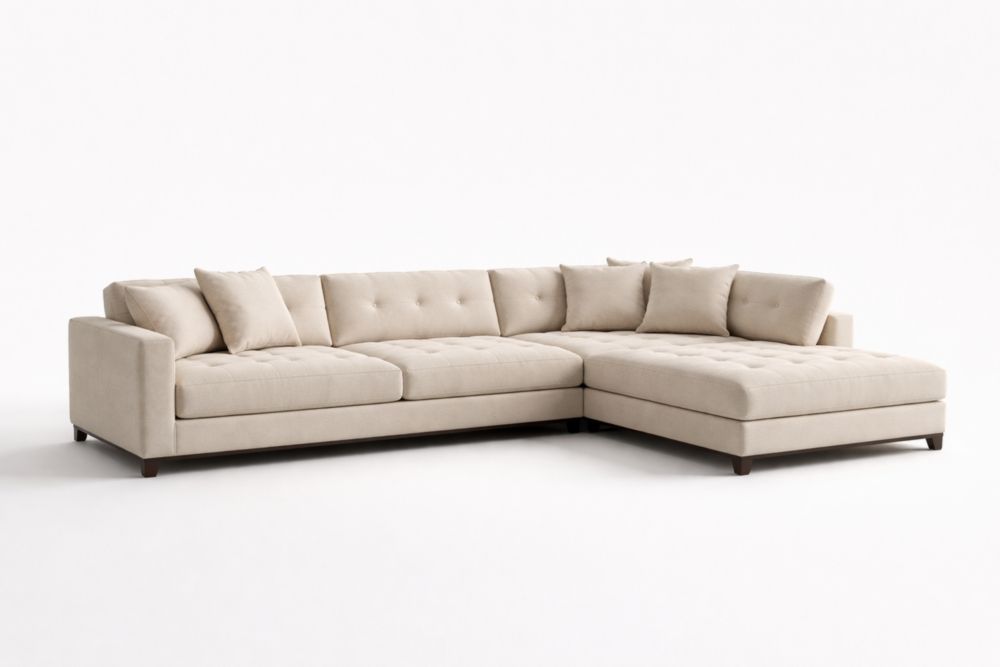 Divano angolare beige in tessuto poliestere con cuscini