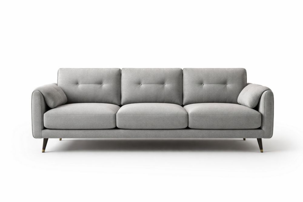 Divano a 3 Posti in Tessuto Grigio con Struttura in Legno Massello