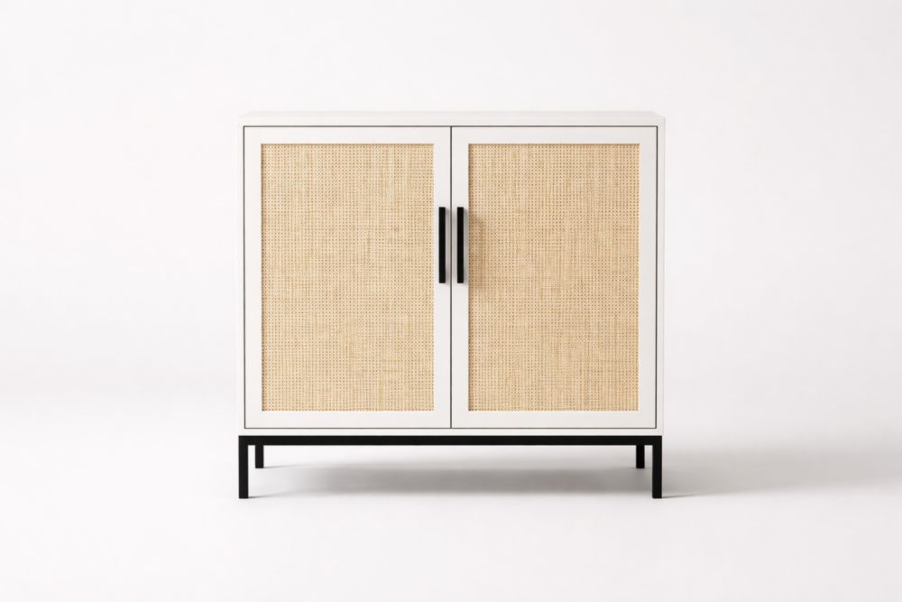 Credenza in MDF e Rattan con Base in Alluminio Bianco/Naturale 80x35x90 cm