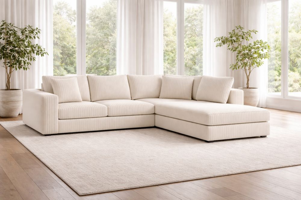 Divano angolare in tessuto di poliestere crema con chaise longue