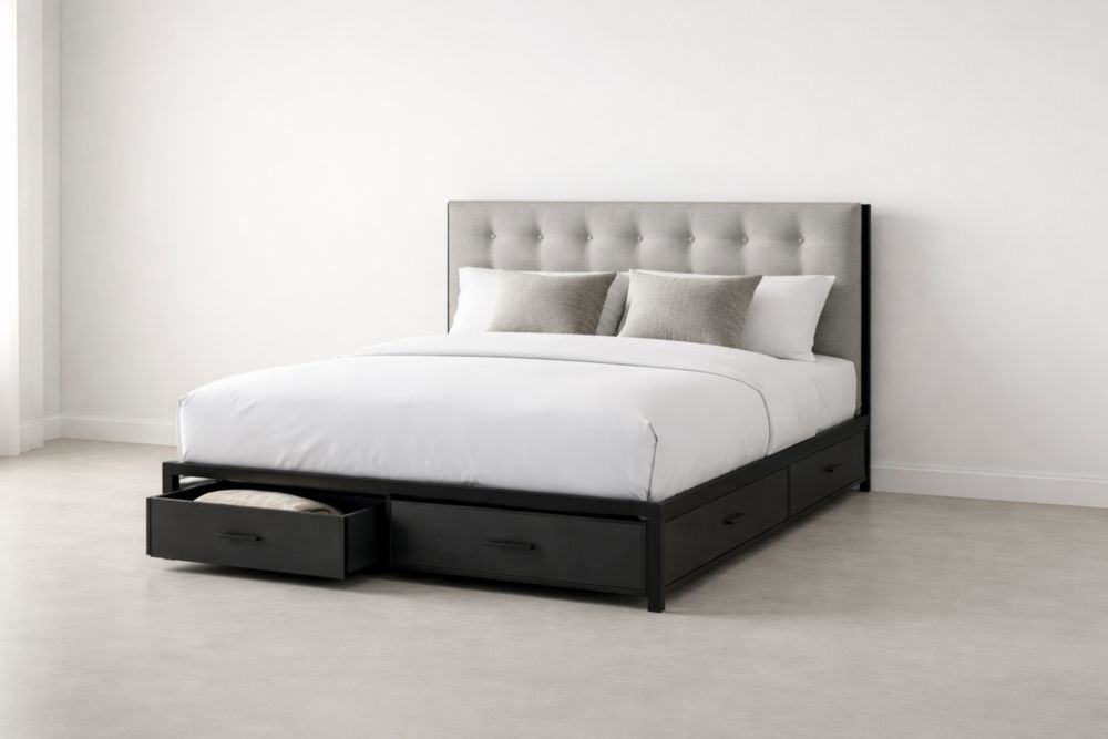 Letto matrimoniale con testiera in tessuto e cassetti in legno massello