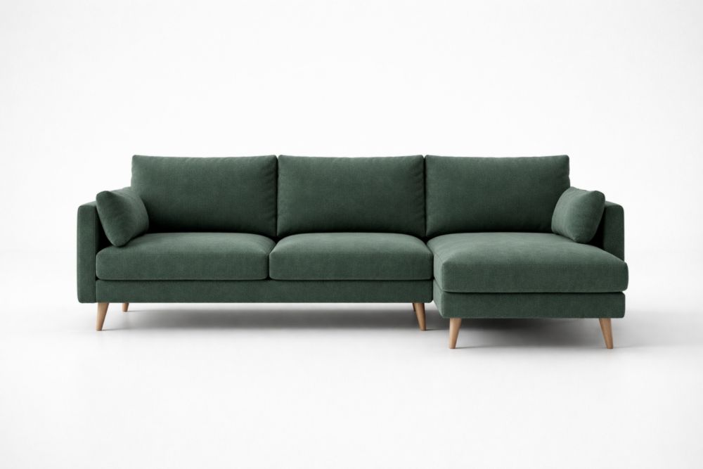 Divano angolare 3 posti verde in tessuto e legno massello