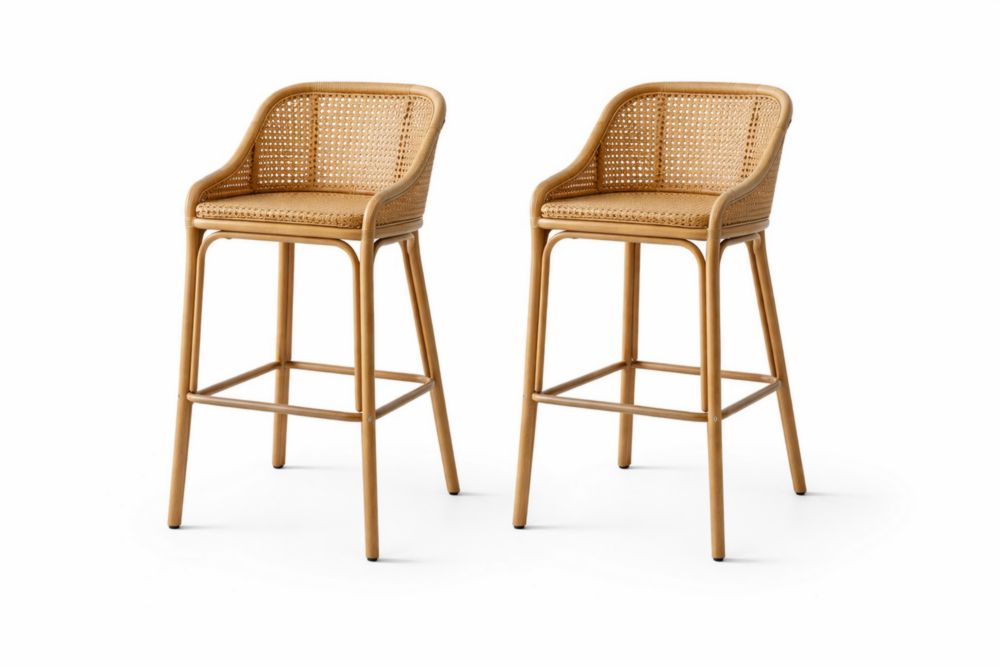 Set di 2 Sgabelli da Bar in Rattan Naturale Beige