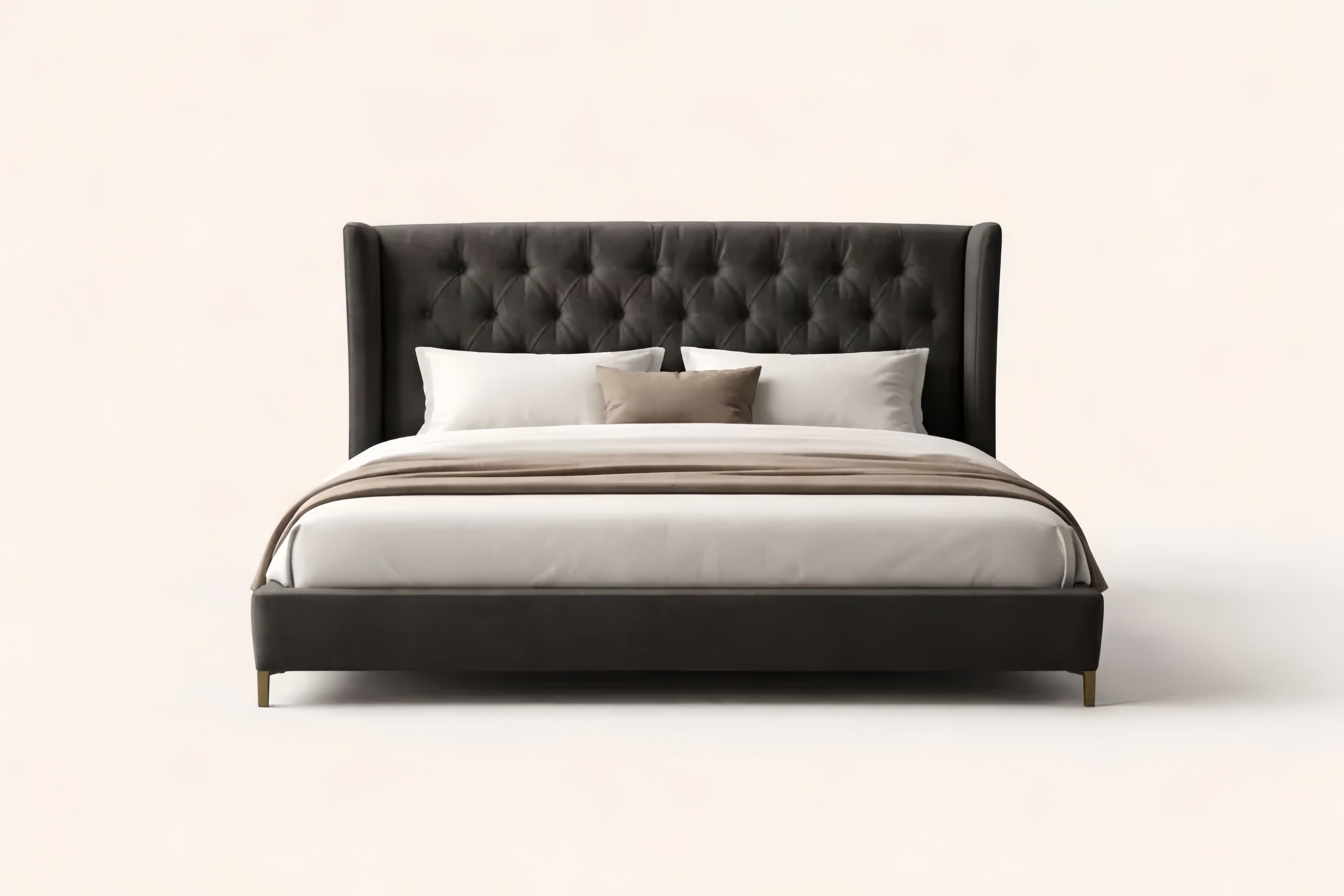 Letto matrimoniale imbottito in tessuto marrone scuro con testiera capitonnè