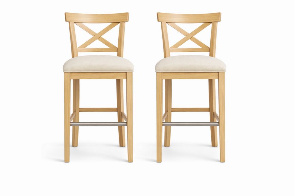 Set di 2 Sgabelli in Legno massello con Seduta in Poliestere Beige