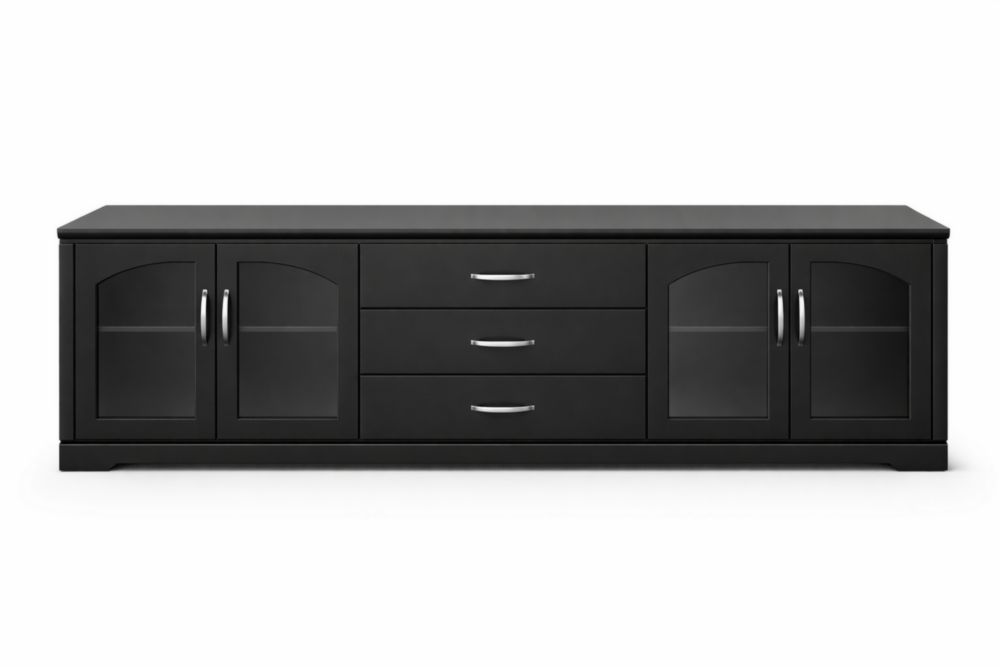 Mobile porta TV nero in MDF e vetro 150x40x50 cm con 2 ante e 3 cassetti