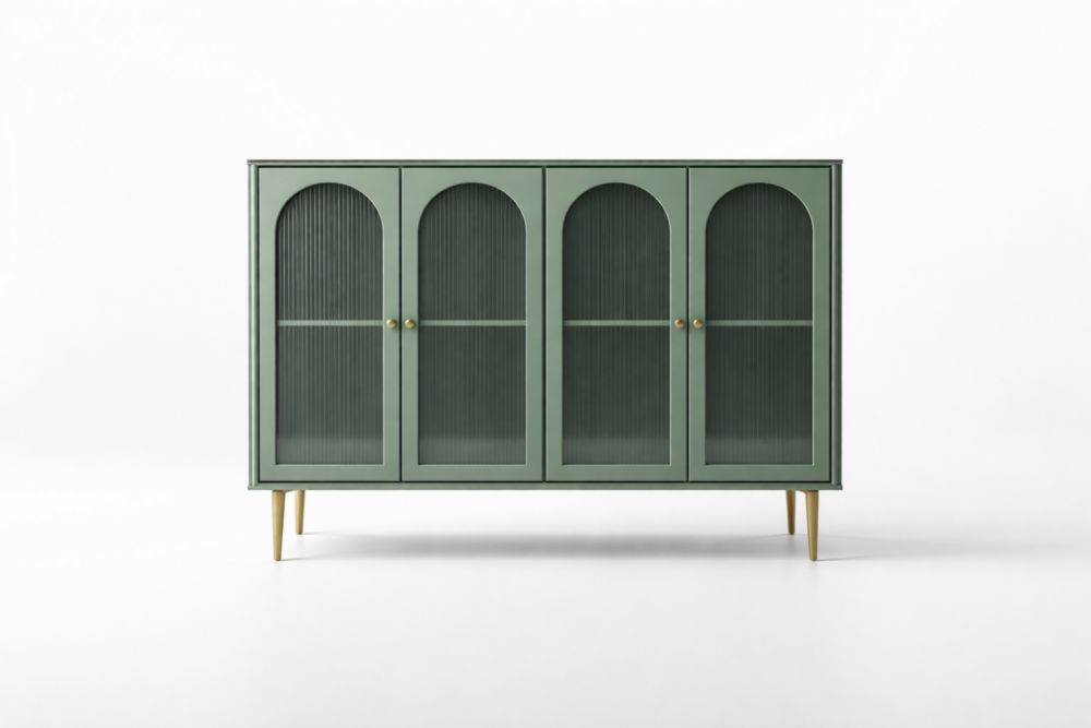 Credenza in legno MDF verde con ante in vetro temperato