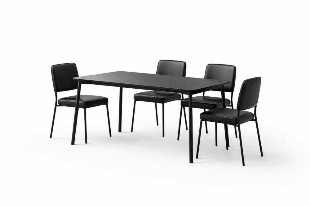 Set tavolo rettangolare e 4 sedie nere in acciaio e similpelle