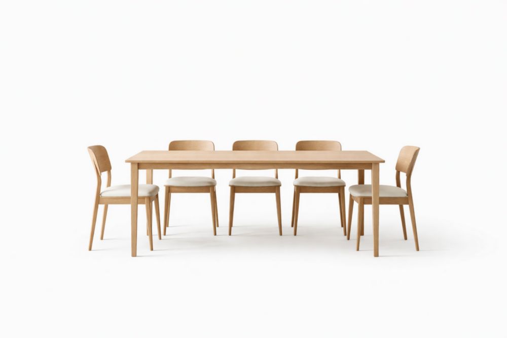 Set tavolo da pranzo in legno massello con sedie imbottite