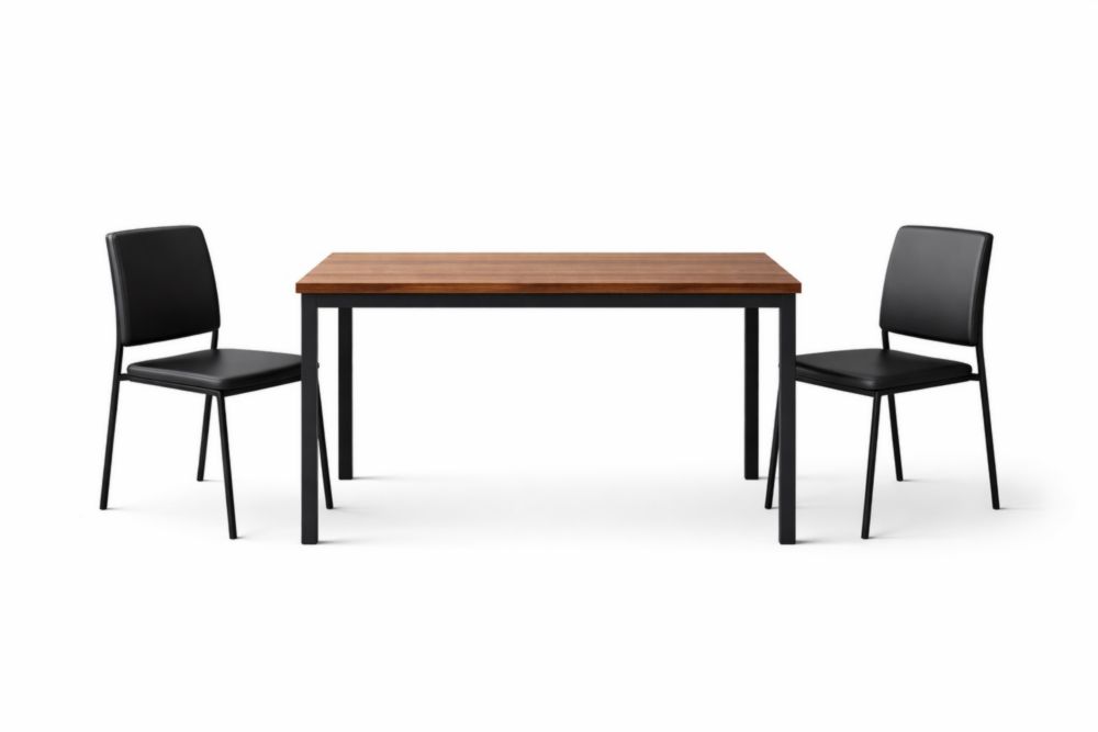 Set tavolo rettangolare in acciaio e sedie in similpelle nera