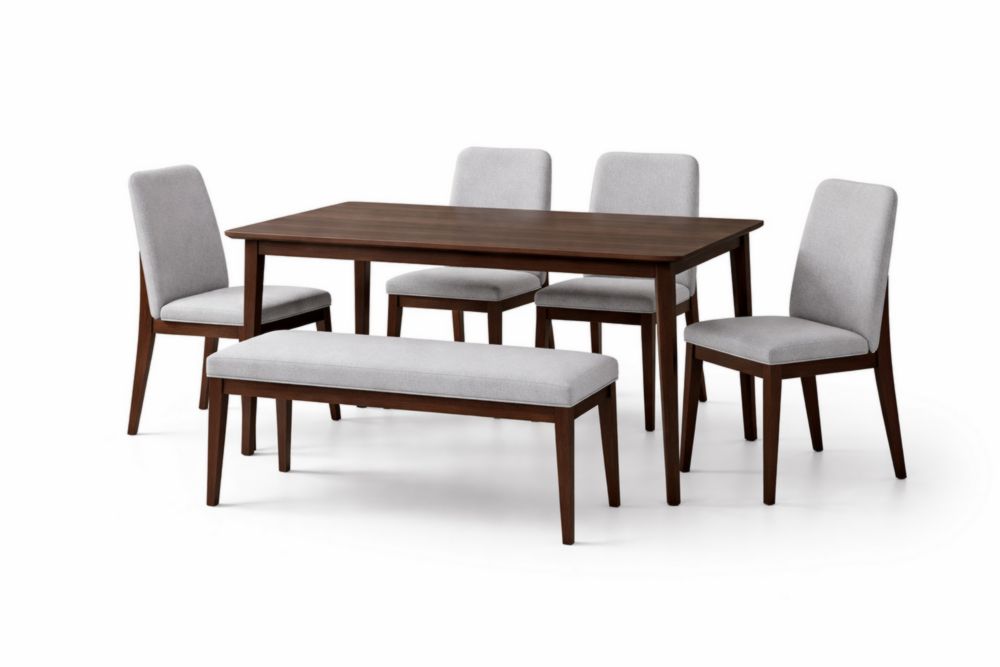 Set da pranzo in legno massello con tavolo e sedie imbottite grigie