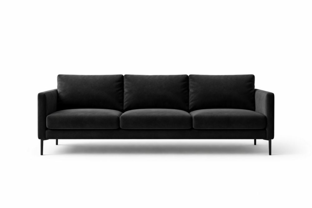 Divano a tre posti in velluto nero con struttura in legno massello