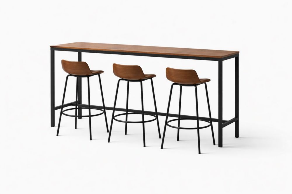 Set Tavolo Alto con Sgabelli in Legno di Noce e Acciaio Nero