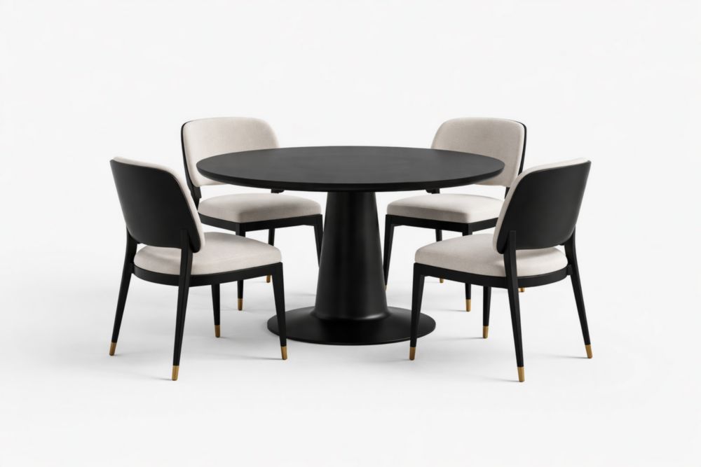 Set tavolo rotondo nero in legno massello e 4 sedie imbottite in tessuto