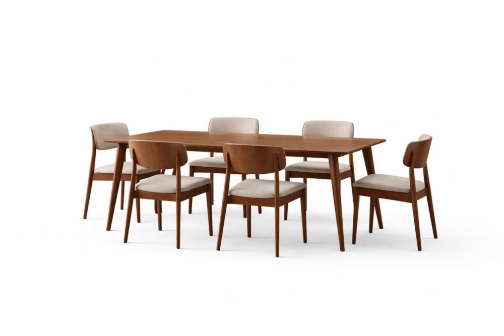 Set Tavolo Rettangolare in Legno Massello con 6 Sedie Imbottite Beige