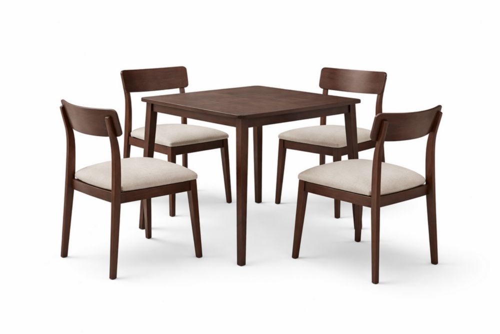 Set tavolo da pranzo in legno massello e sedie in tessuto Marrone/Beige