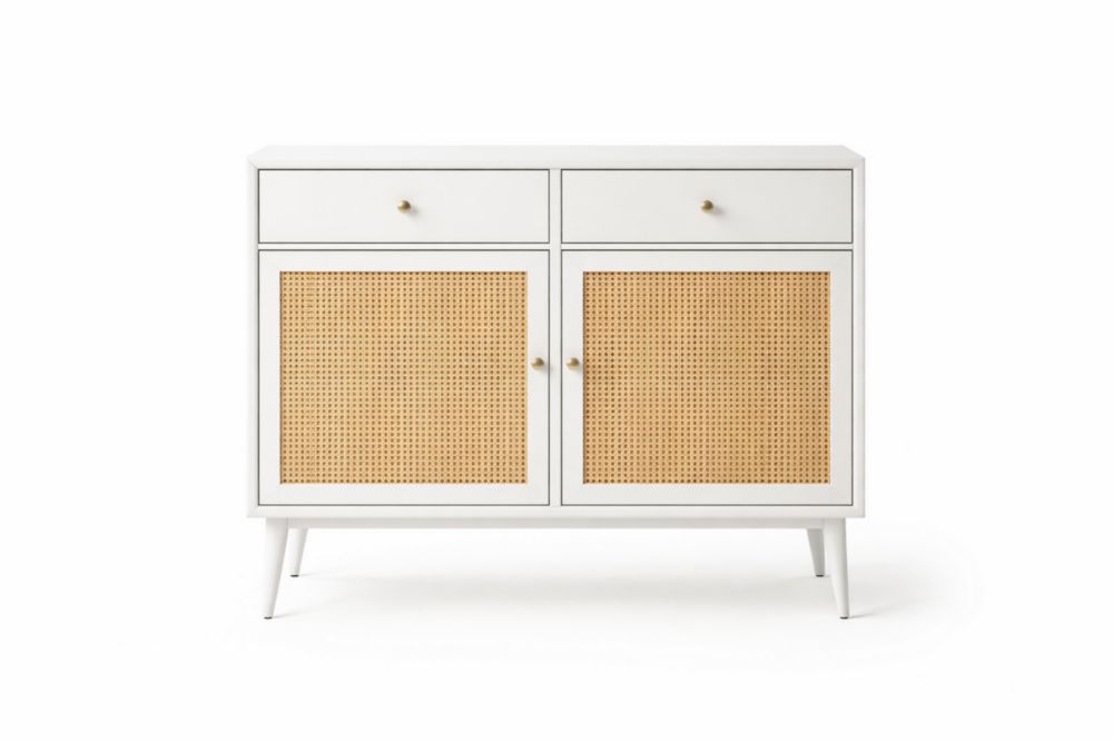 Credenza in Legno Massello e Rattan con Due Cassetti e Due Ante