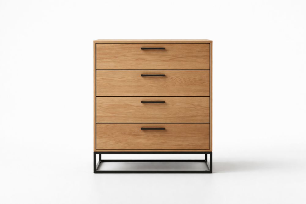 Cassettiera in Rovere con Quattro Cassetti e Struttura in Acciaio