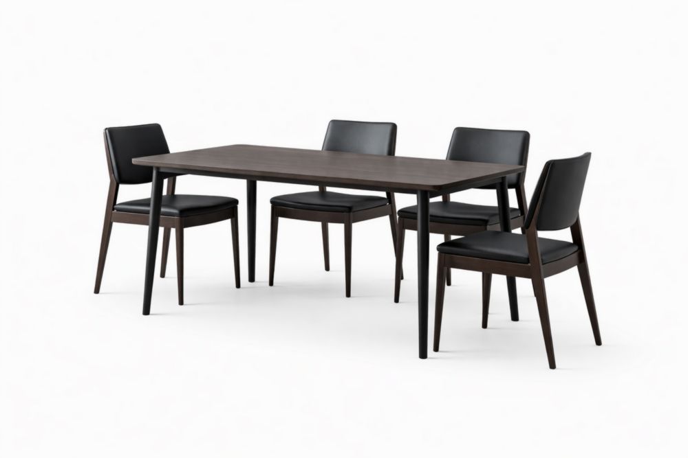 Set tavolo da pranzo rettangolare in legno massello e sedie in pelle sintetica Nero