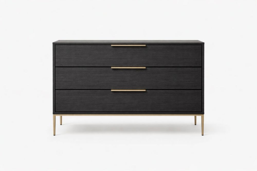 Cassettiera rettangolare a tre cassetti in legno massello e acciaio, Nero