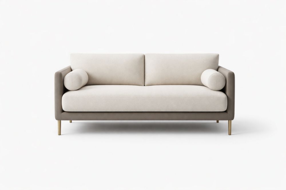 Divano in tessuto poliestere crema e grigio con struttura in legno massello e acciaio